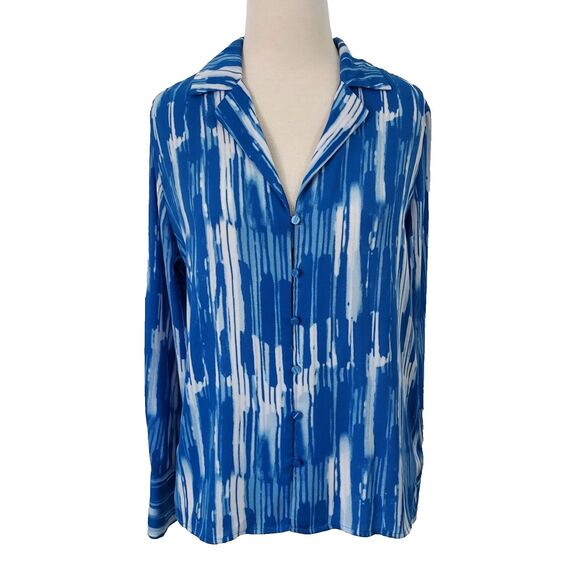 Worthington Shirt Top Flowy Womens Size Medium Button Up Blue White Long Sleeves - Picture 1 of 13